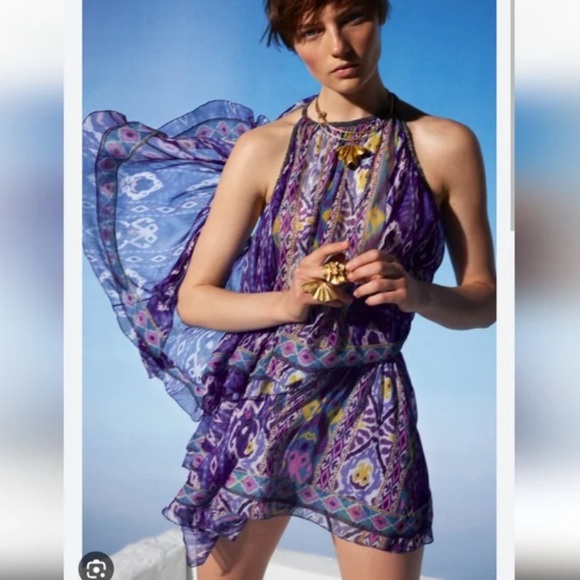 💙 ZARA BOHO BLUE MULTI ABSTRACT COLD SHOULDER LOOSE FIT CROPPED TOP! - Picture 16 of 16